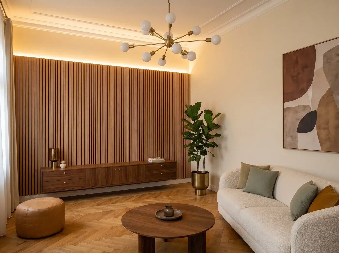 Wohnraum im Altbau mit Stuckdecke, Wand aus Eichenlamellen, Fischgrätparkett, hellem Sofa und rundem Holztisch